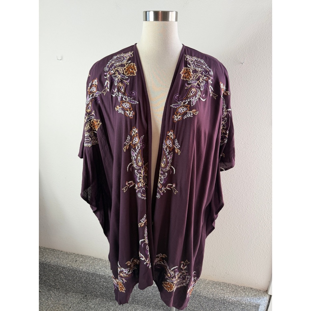 J Jill Womens S-L Embroidered Kimono Wrap Purple Plum Paisley Floral Open Front